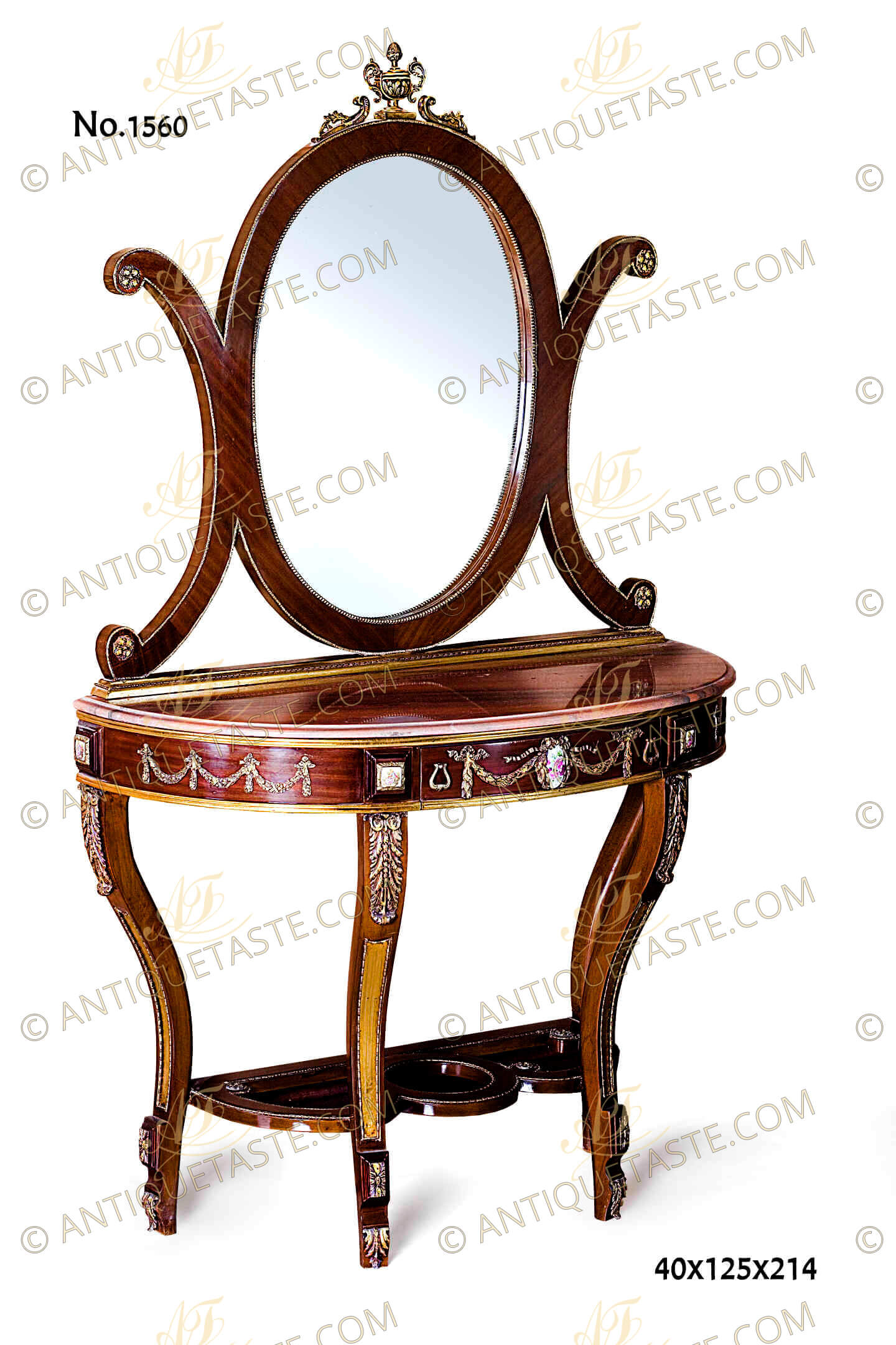 A winsome French Napoleon style ormolu-mounted veneer inlaid mirrored console table with porcelain plaques, The veneer inlaid oval shaped mirror flanked with C shaped sides ornamented with ormolu rosettes, The mirror crested with a fine chiseled ormolu urn flanked with foliate ormolu volutes to each side, all bordered with ormolu band, The mirror is resting on a rectangular gilded and beaded base above the demilune shaped beveled marble top which takes the same shape of the console table frieze, The demilune shaped apron has a central drawer separated from the two curved sides with two blocks inlaid with porcelain plaques bordered with ormolu strips and repeated to the far end of the apron, The central drawer has a central porcelain plaque encircled within a fine chiseled ormolu band issuing swaging laurel tied ribbons and two ormolu lyre shaped handles. The curved sides have the same ormolu ornaments, The console is raised on four cabriole legs headed by an intricate acanthus leave ormolu mount on each above a gilded ormolu bordered body surmounting a block ornamented with an ormolu rosette above an ormolu acanthus sabot, The four legs are connected with an elaborate circles shaped stretcher with ormolu beaded trim and ormolu rosettes